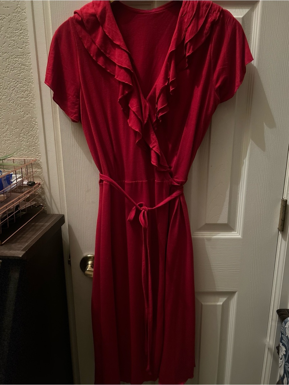 Red Ruffle Wrap Midi Dress with Tie Belt size large.